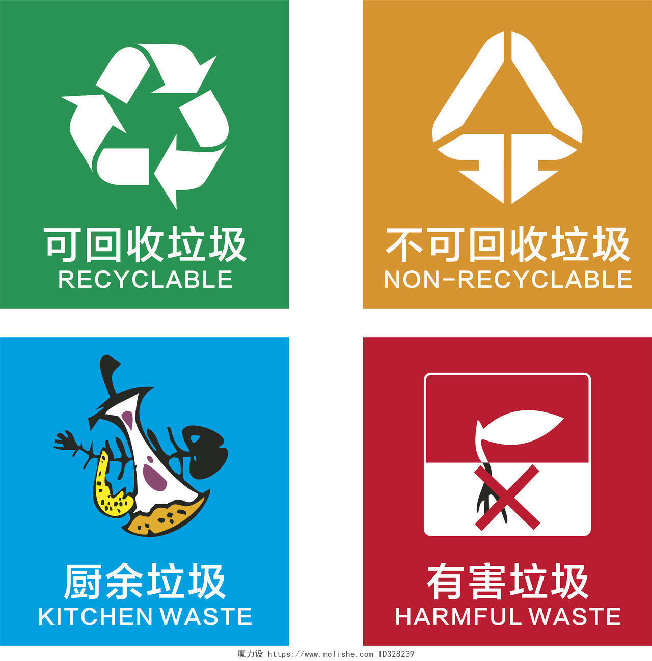 简约风垃圾分类图标标识不可回收垃圾厨余垃圾